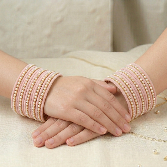 Kids Metal Bangles - Pink with White pearl beads( 2 dozen ) 0-6 year Age