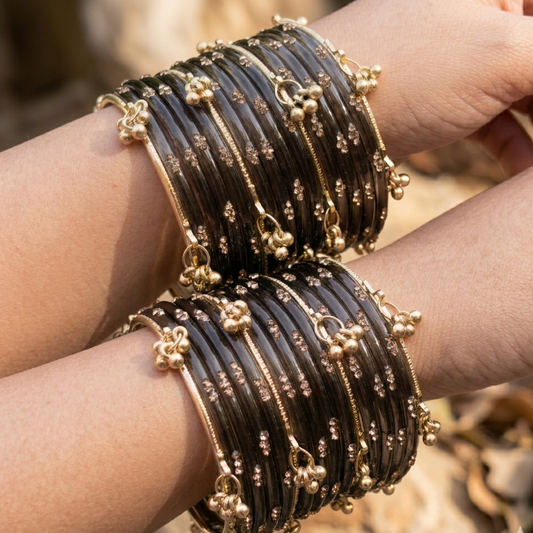 Viral Kashmiri Ghungroo Glass Bangle Set-1 dozen - Black (12 Simple 4 Ghungroo Bangles)