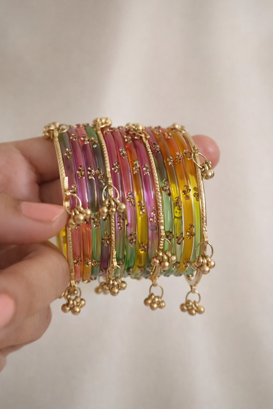 Multi-Color Viral Kashmiri Bangles Set-1 dozen - (4 Ghunghru Kara 12 Bangles)