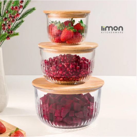 Fluted Design Airtight Glass Bowls Set (2212) by Limon