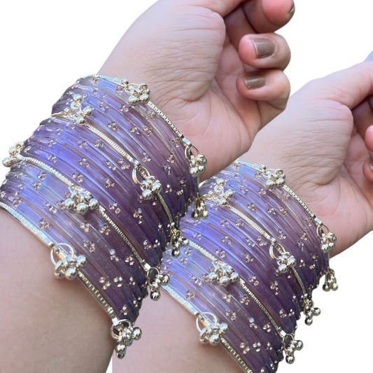 Viral Kashmiri Ghungroo Glass Bangle Set-1 dozen - Lilac (12 Simple 4 Ghungroo Bangles)