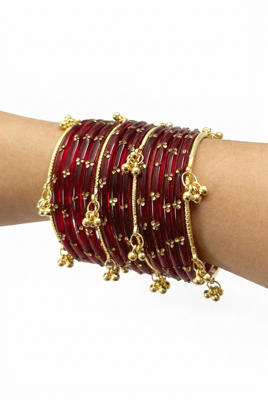 Viral Kashmiri Ghungroo Glass Bangle Set-1 dozen - Red (12 Simple 4 Ghungroo Bangles)